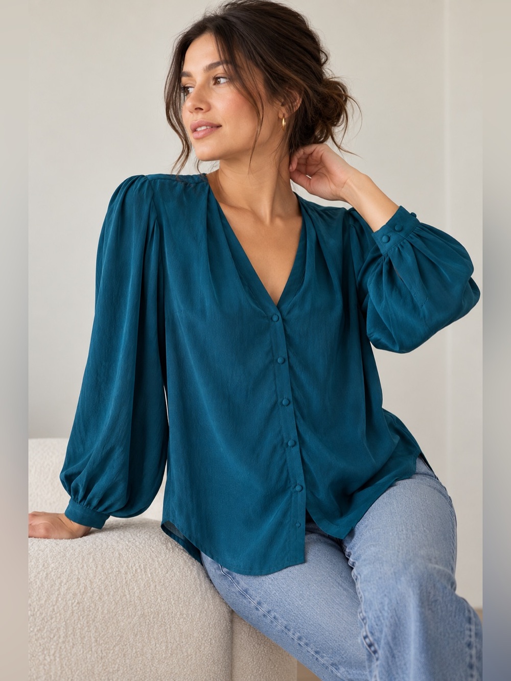 Anthropologie Odille Teal 100% Silk Button Front Blouse | Size 2